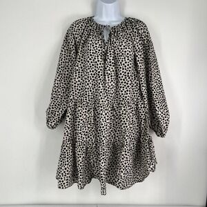 HM Women Cream Black Floral Tiered Smock Mini Dress Long Balloon Sleeve Size L